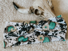 Load image into Gallery viewer, Twisted Sister Headwrap &gt; Turquoise + Cowhide
